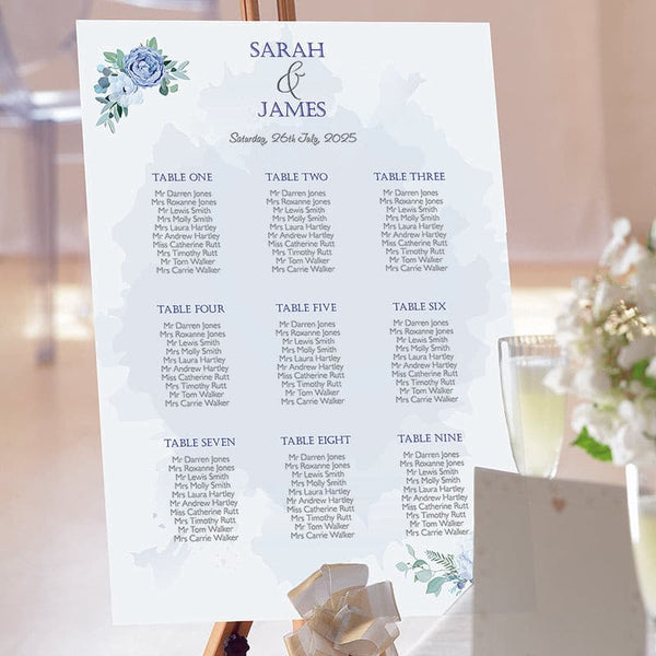 Dusky Blue Rose & Hydrangea Wedding Table Plan.