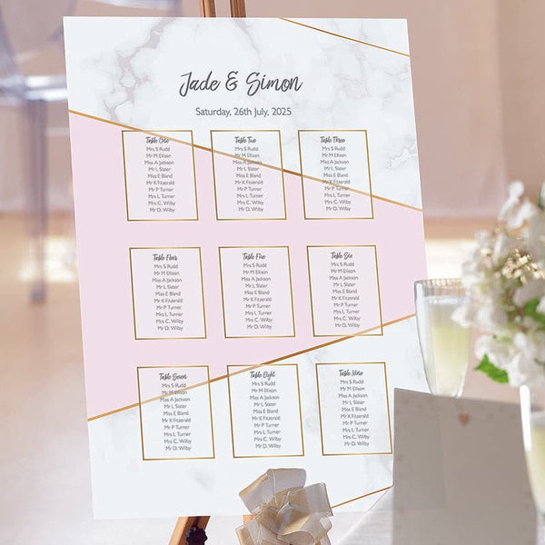 Pink & Grey Geometric Wedding Table Plan.
