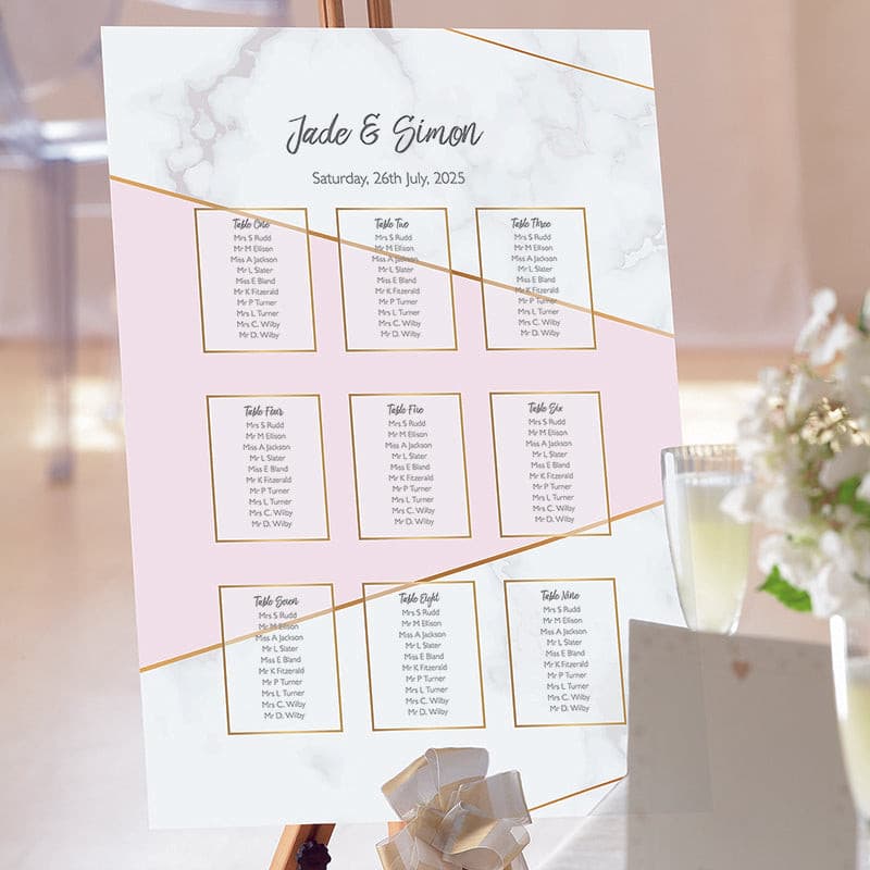Pink & Grey Geometric Wedding Table Plan.