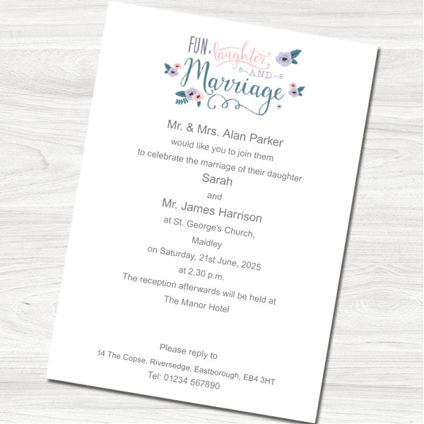 Fun, Laughter & Marriage Wedding Day Invitation - Back