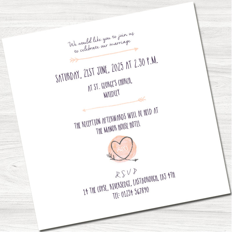 Sketchy Heart Peach Wedding Day Invitation - Inside
