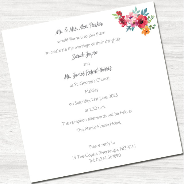 Water Colour Bouquet Wedding Day Invitation - Back