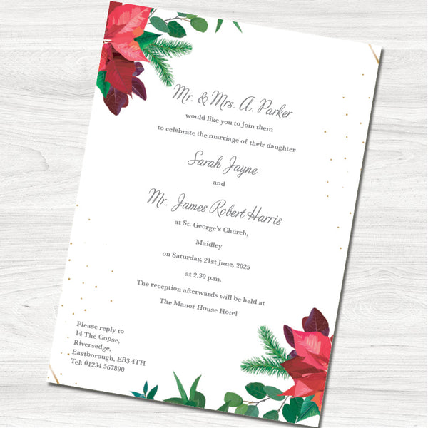 Red Poinsettia Wedding Day Invitation - Back