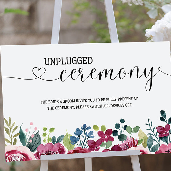 Burgundy Flowers Unplugged Ceremony Wedding Sign