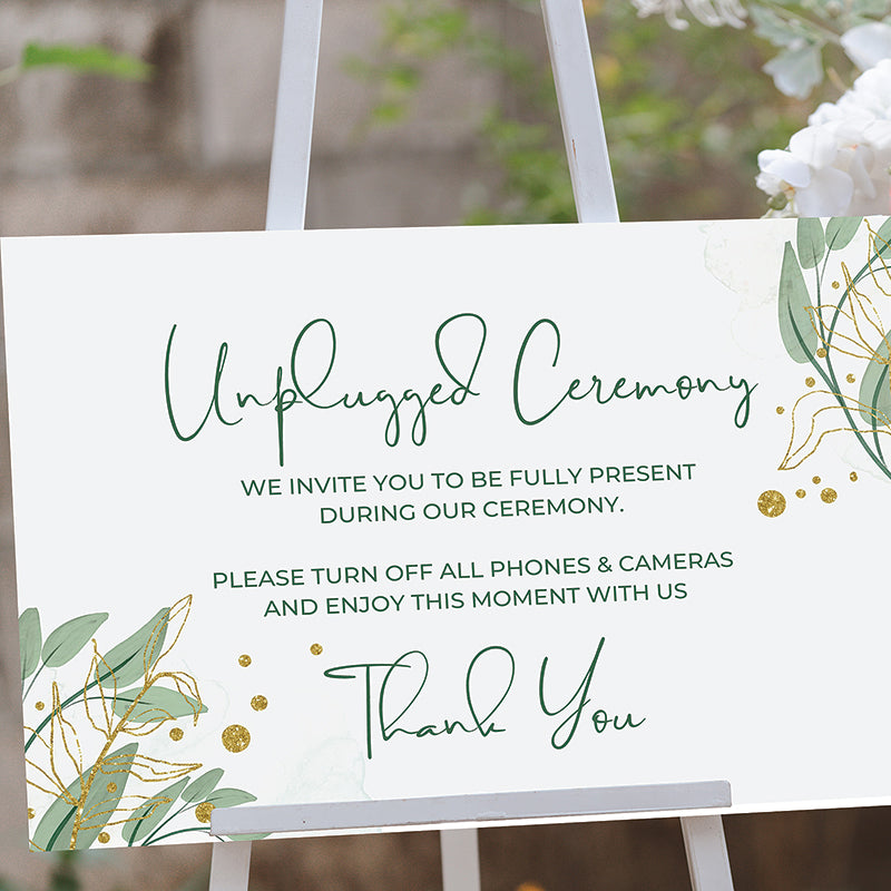 Green & Gold Watercolour Unplugged Ceremony Wedding Sign