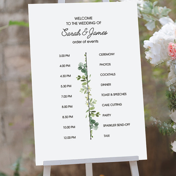 Green Watercolour Wedding Timeline Sign