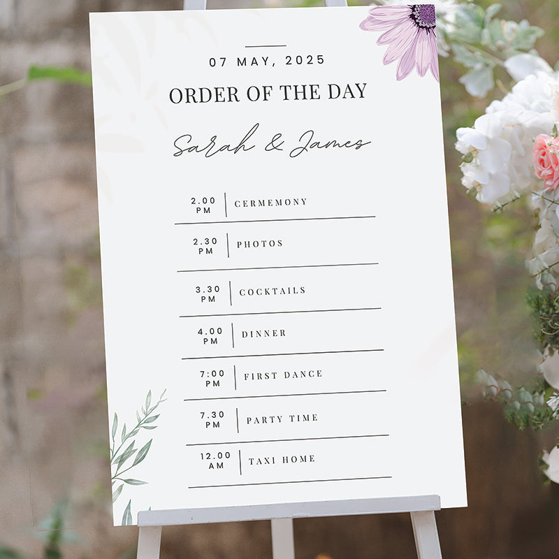 Lilac Flowers Wedding Timeline Order of the Day Wedding Sign