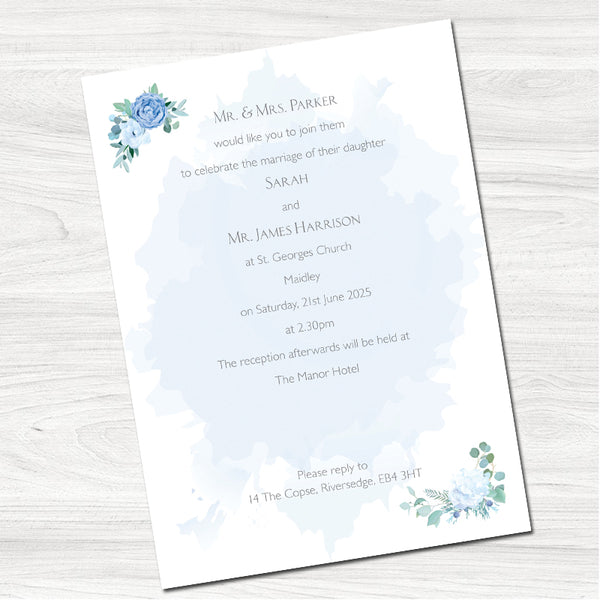 Dusky Blue Rose & Hydrangea Wedding Day Invitation-Back