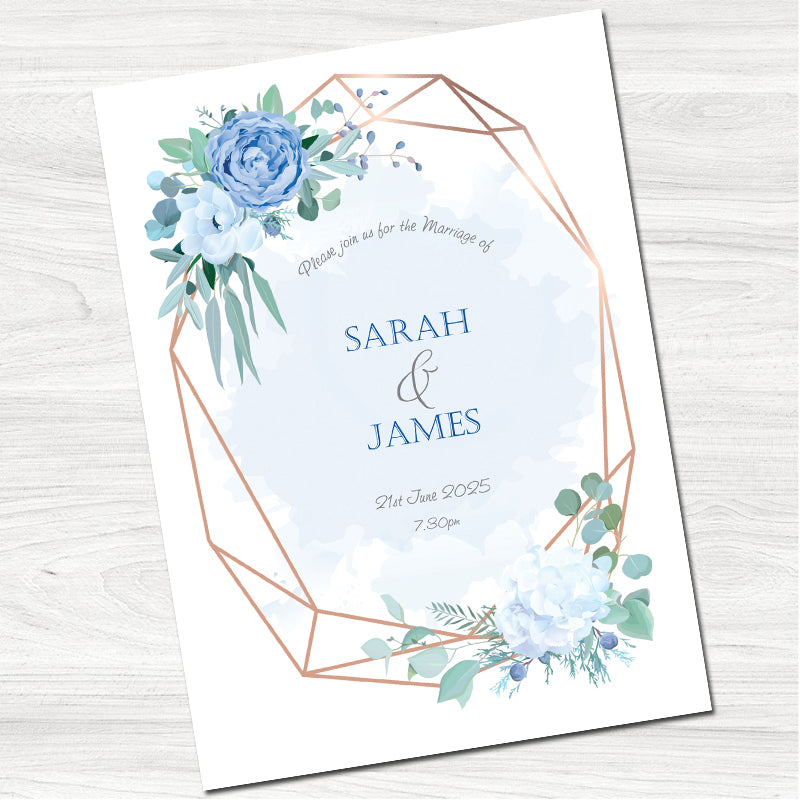 Dusky Blue Rose & Hydrangea Wedding Evening Invitation-Front